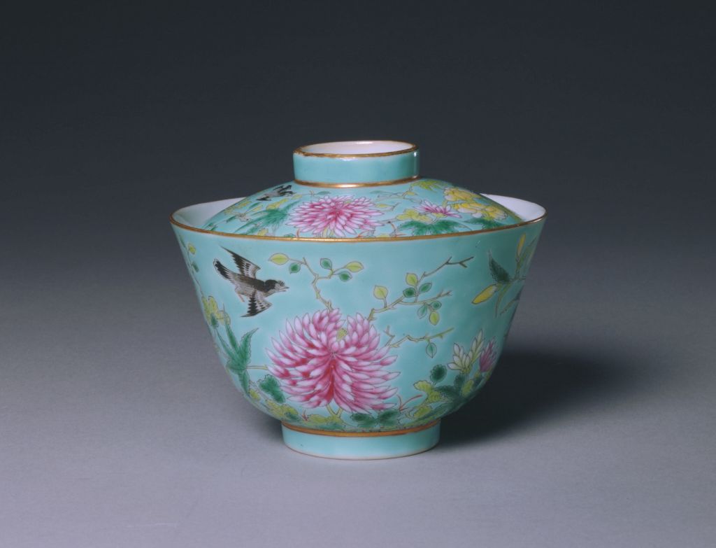 图片[1]-Green Pink Flower and Bird Pattern Cover Bowl-China Archive